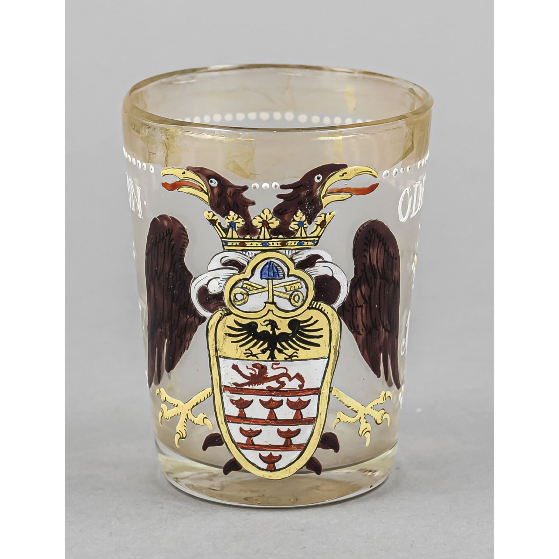 Becherglas, Wohl 18.Jhdt. runder Stand, konischer Korpus, klares Glas mit reicher polychromer