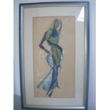 Unbekannter Künstler. Frau in Kostüm. Aquarell auf Papier. Maß ca. 58x29cm. Hinter Glas gerahmt, ca.