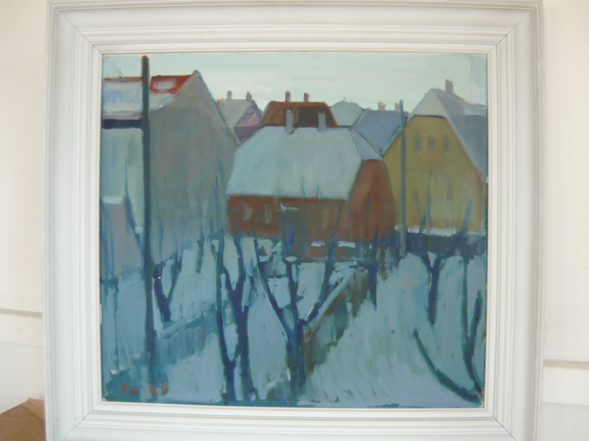 Modernist der 60er Jahre. Winterliche Häuserszenerie. Öl/Lw. Sig. Maß ca. 53x60cm. Rahmen ca.