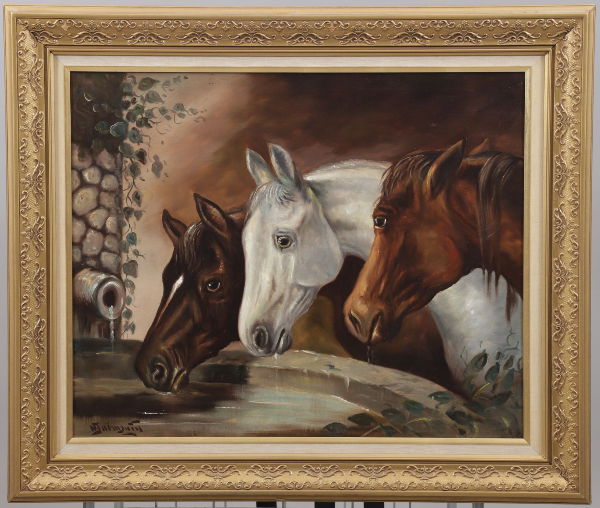 Unbekannter Maler. Großformatiges Ölgemälde auf Leinwand mit Pferden. Sig. Maß ca. 73x91cm (Rahmen