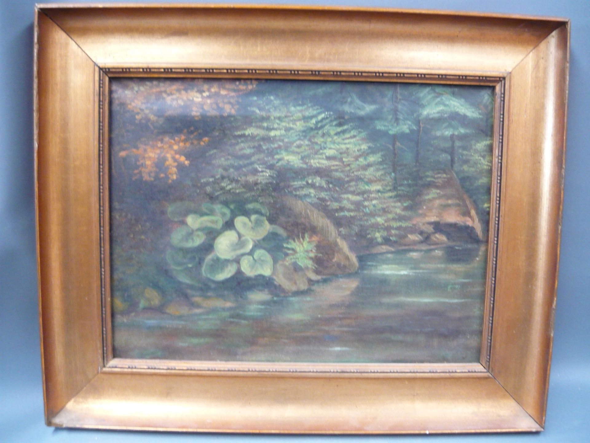 Unbekannter Maler. Flußlauf im Wald. Öl/Lw. Maß 30x39cm (R. 41x50cm).