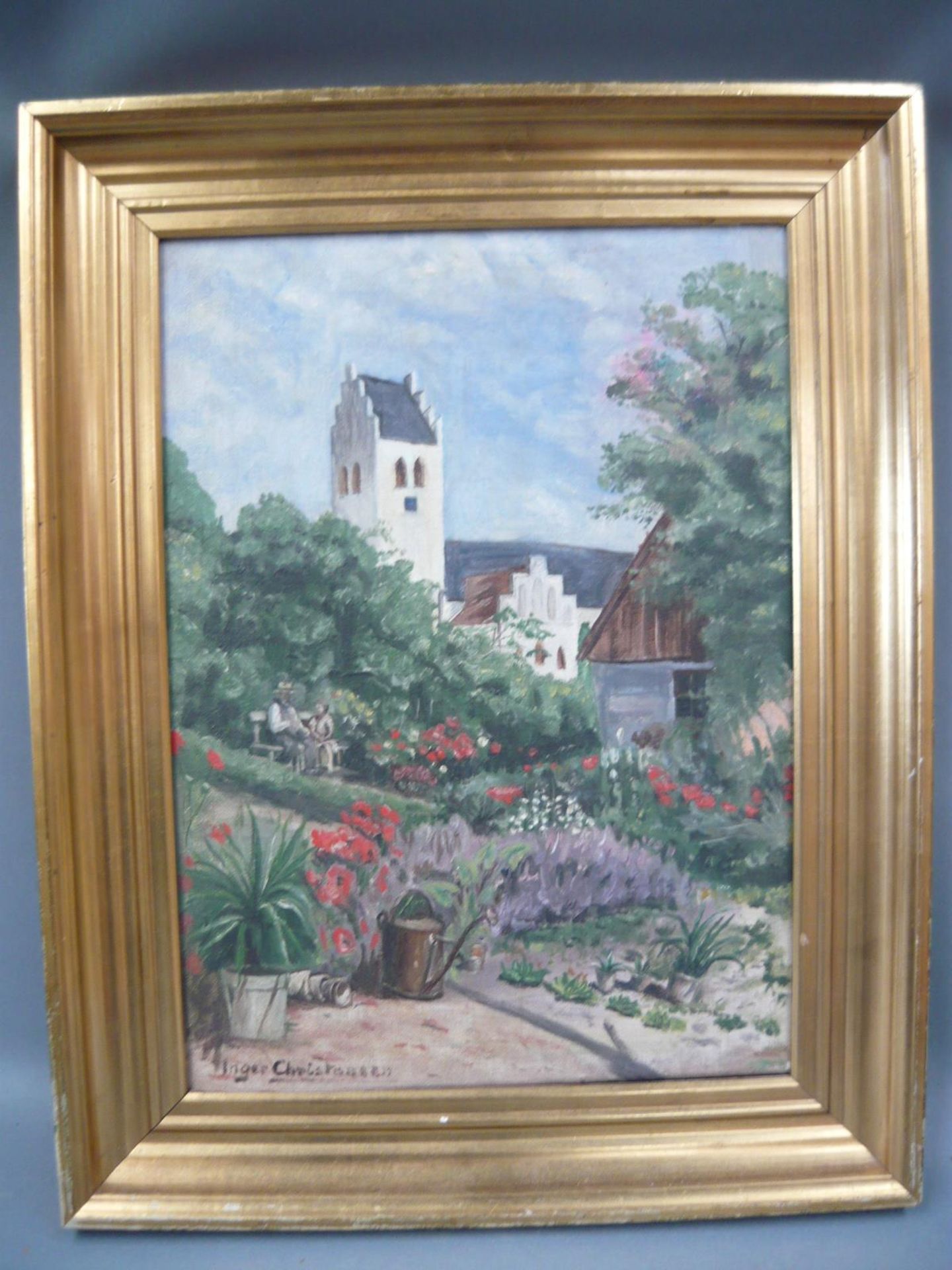 Inger Christensen. Sommertag im Blumengarten. Öl/Lw. Sig. Maß 26x36cm (R. 45x36cm).