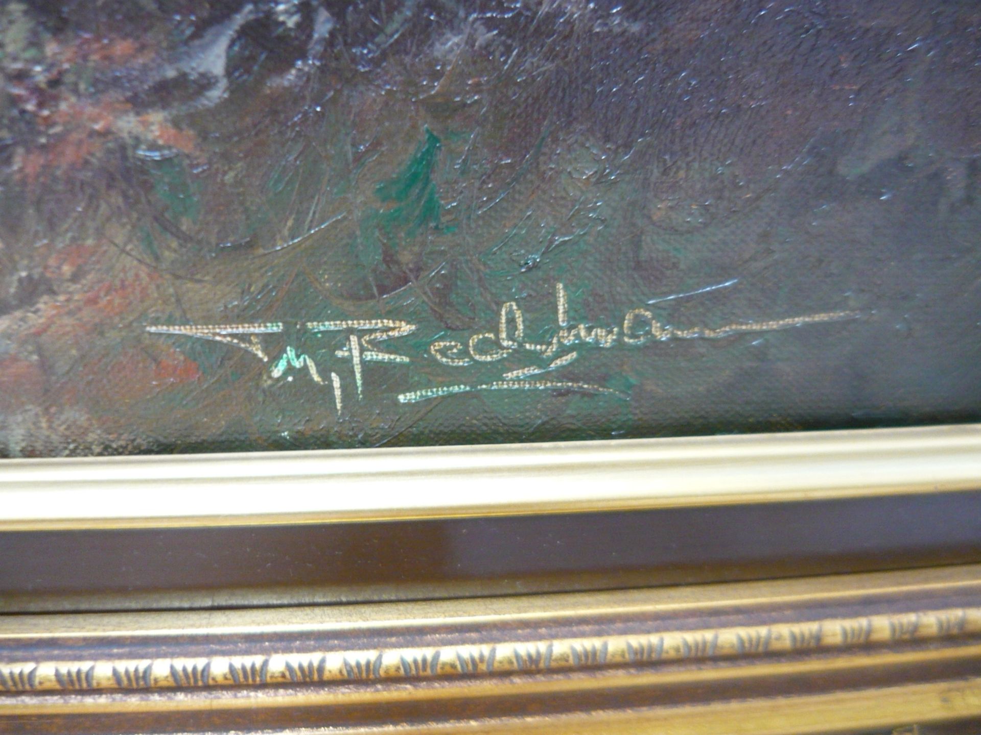 T.Bechmann (?). Großformatiges Gemälde mit Parforcejagd. Öl/Lw. Sig. Maß 50x100cm (Rahmen ca. - Image 3 of 3