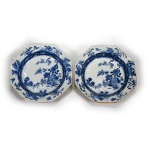 A pair of blue and white Chinese Jingdezhen octagonal plates or shallow bowls with underglaze dec...