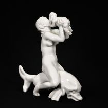 A Mid 20th Century Bing & Grondahl figurine depicting a nude female sitting astride a dolphin, ra...