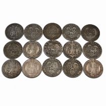 A date run of 14 sterling silver one shilling coins to include all of the dates with the 'Jubilee...