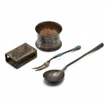 A Russian spoon, 1892; an enamel small fork, possibly Scandinavian; a Russian silver napkin ring,...