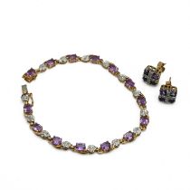 A 9 carat gold amethyst and diamond bracelet, 18 cm long; with a pair of similarly set square clu...