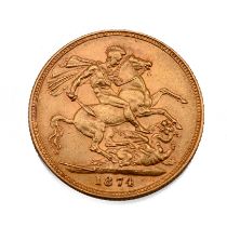 A 1874 Young Head full sovereign.