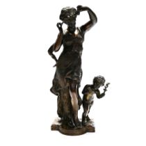 A hollow cast bronze sculpture of a nymph and putto. H 47.5cm, W 18cm.