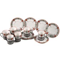 An Art Deco set of six coffee cans, mounted in silver holders, and saucers by Shelley in the Diam...