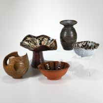 Mid to late 20th century studio pottery by Alan Ward of brown ground items to include  a footed s...