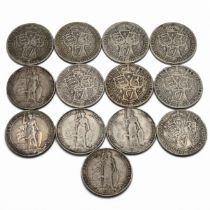 A group of 13 sterling silver two shillings florin coins issued during the reigns of Queen Victor...