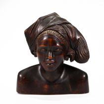 A carved hardwood bust of an African lady. H 29cm, W 26cm, D 20cm.