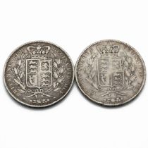 A pair of early Victorian 'Young Head' silver five shillings crown coins dated 1844 and 1845, mad...