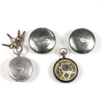 Two pocket watches including a skeleton example apparently unmarked, 4.3cm dial with Roman numera...