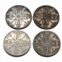 A date run of four silver double florin or four shillings coins from the reign of Queen Victoria ...