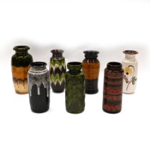 Seven tall, floor standing, 1960's West German vases (including Scheurich Keramik examples), the ...