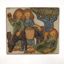 A mid century Danish plaque by Marianne Starck for Michael Andersen of apple pickers, impressed m...