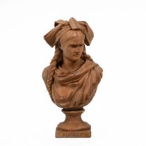 A small 19th Century terracotta bust depicting a French maiden shedding a tear, the socle and pli...