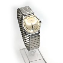Longines, a 1950's gentleman’s stainless steel mechanical wrist watch, the off white dial with Ar...