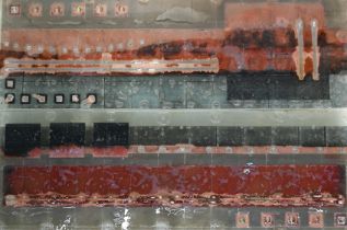 Large Artisan made Verre Eglomise glass artwork comprising of two panels with metal leaf decorati...