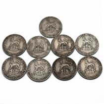 A full date run of 9 sterling silver one shillings coins minted during the reign of King Edward V...