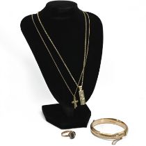 A 9 carat gold hinged bangle, inscribed; a 9 carat gold ingot pendant on a box link chain; a 9 ca...