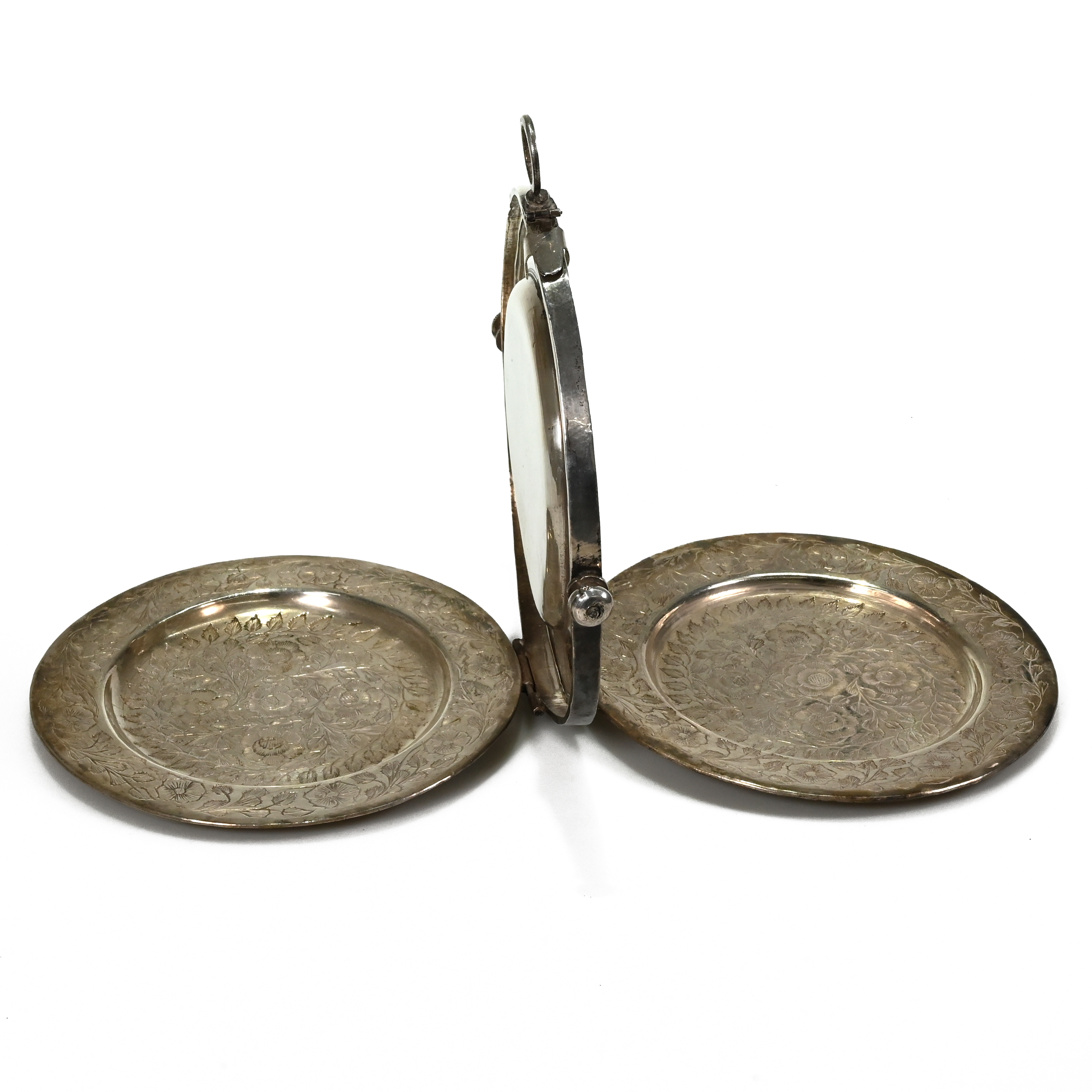 A silver plated folding, three plate,  travelling cake stand, 17 cm diameter overall. - Image 2 of 2