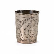 A continental silver beaker, possibly 18th century, indistinct marks to the base, embossed with b...