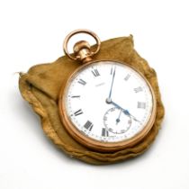 A Corke, an open faced 9 carat gold pocket watch, the signed white enamel dial with black Roman n...