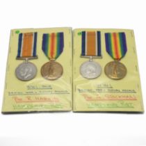 Two groups of World War One medals each comprising a 1914-18 War Medal and a Victory Medal awarde...