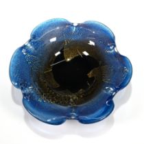 A Maltese glass bowl, the blue gold  lobed bowl stickered Matarea glass hand crafted in Malta, th...