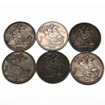 A collection of six Queen Victoria 'Jubilee Head' silver five shillings crown coins, being a full...