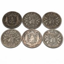 A selection of six sterling silver half crown coins issued during the reigns of King William IV a...