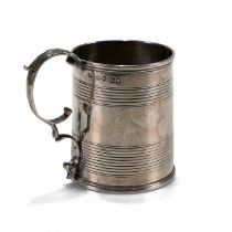 A Victorian silver mug, William Brown, London 1843, of can shape with reeded bands, double scroll...