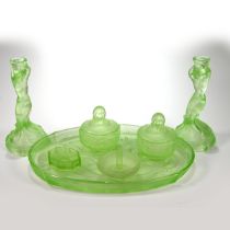 A Walther & Sohne 1930's frosted green Uranium glass "Nymphen" dressing table set comprising tray...