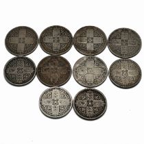 A group of ten sterling silver two shillings florin coins issued during the reign of Queen Victor...