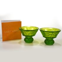 A pair of Liuligongfang Liuli Living green glass tea cups, each etched to base "Liuli Living 2015...