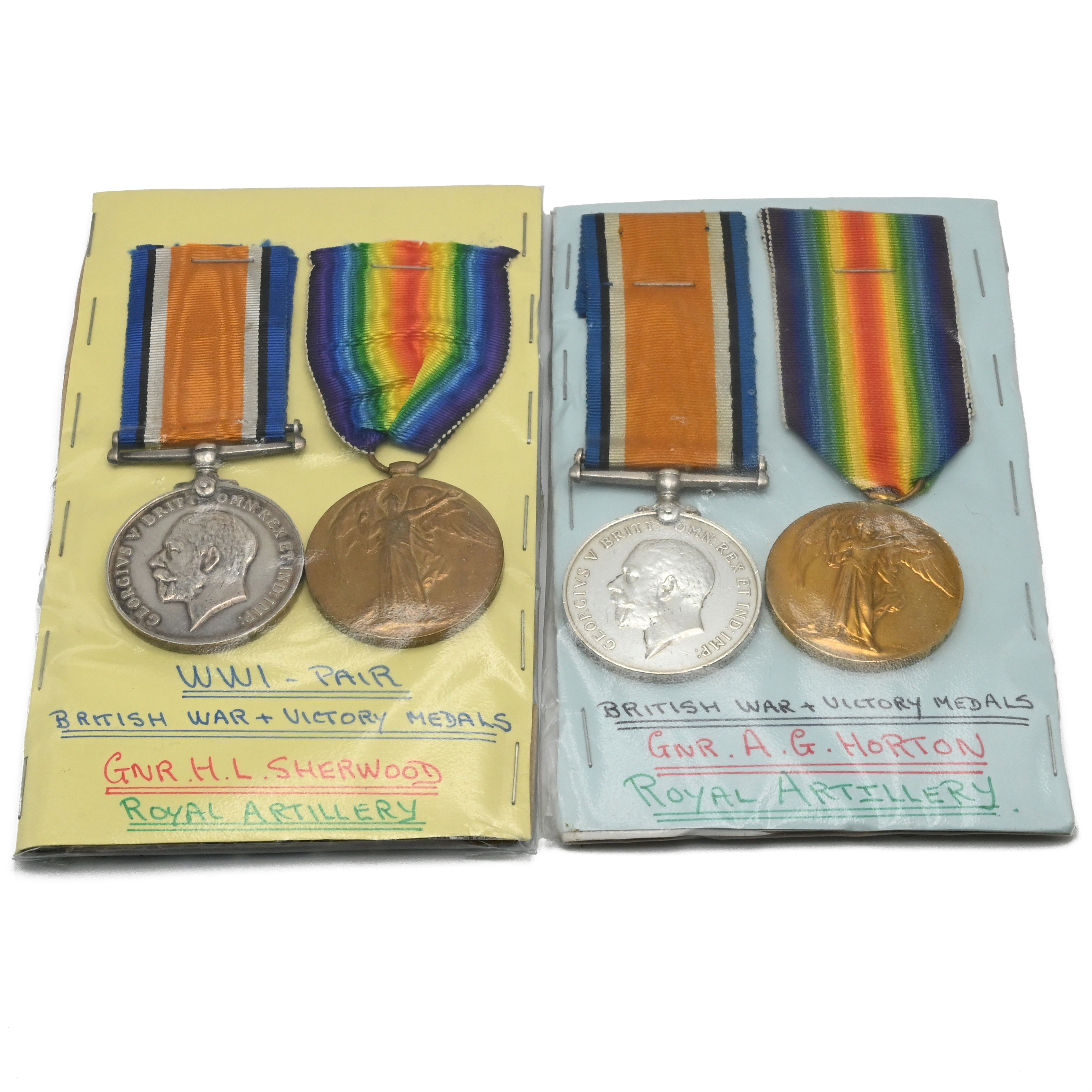 Two groups of World War One medals each comprising a 1914-18 War Medal and a Victory Medal awarde...
