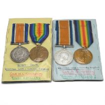 Two groups of World War One medals each comprising a 1914-18 War Medal and a Victory Medal awarde...