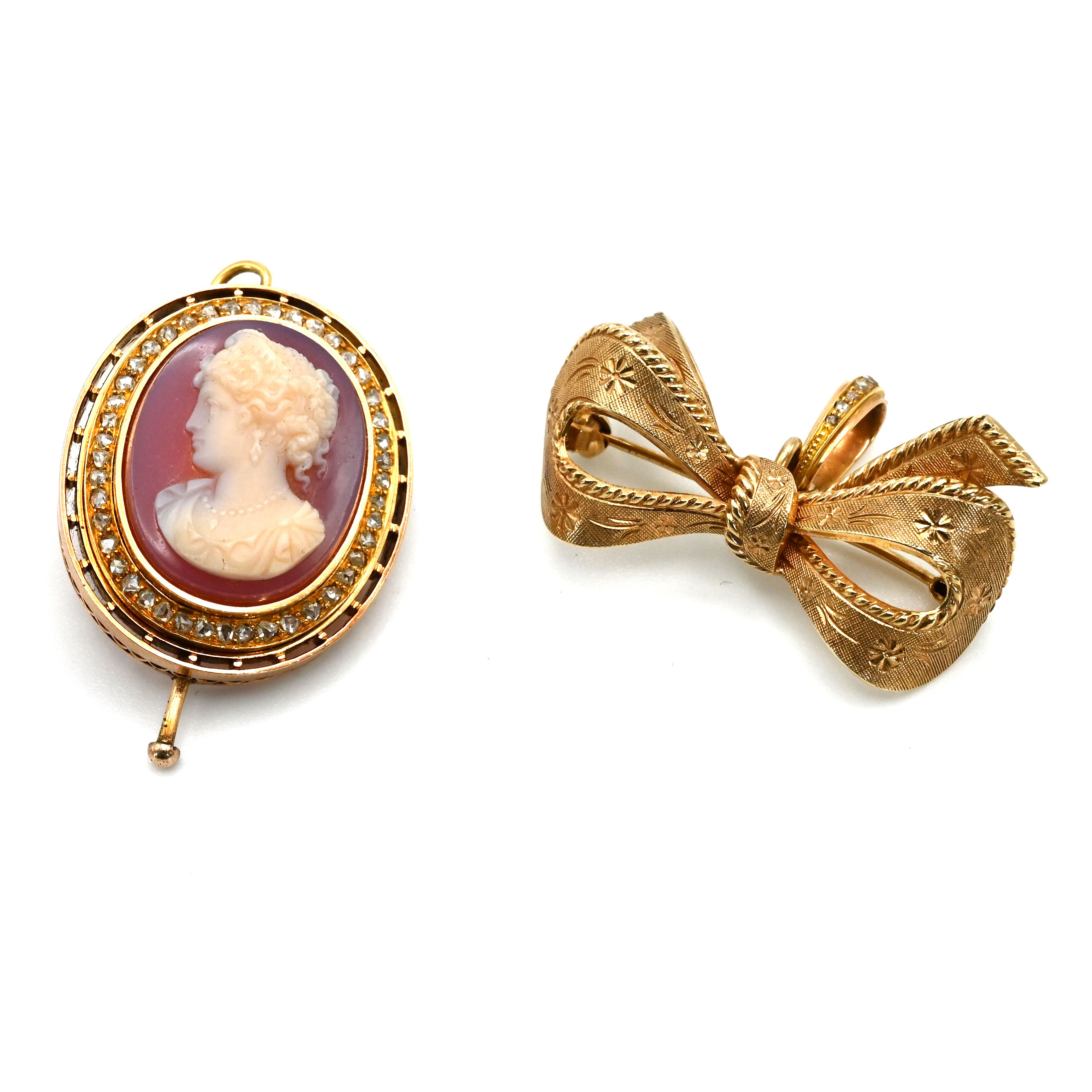 A hard stone cameo and rose diamond set pendant, in unmarked yellow metal, 2.8cm x 2.4cm overall;...