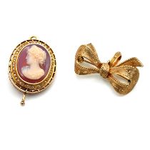 A hard stone cameo and rose diamond set pendant, in unmarked yellow metal, 2.8cm x 2.4cm overall;...