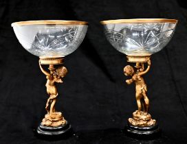 A near pair of continental Empire style cut glass bowl Tazza's each with a brass rim and supporte...