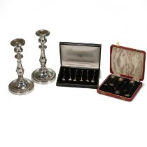 A set of six bead ended coffee spoons, unmarked, in a Sargisons of Tasmania case; a set of silver...