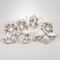 A Staffordshire hunting scene part tea set comprising teapot, milk jug, sugar bowl, oval dish, tw...