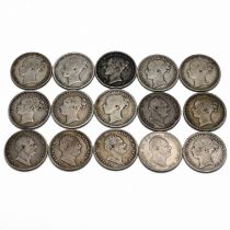 A group of 15 sterling silver one shilling coins minted during the reigns of King William IV and ...