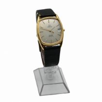 Omega, De Ville, a gents gold plated steel backed quartz wrist watch on a strap, with date apertu...