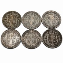 A selection of six sterling silver King Edward VII half crown coins dating: 1902, 1904, 1906, 190...