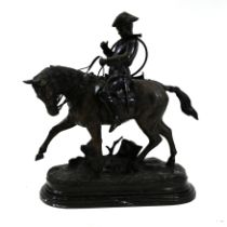 Large bronze of a rider wearing a tricorn hat, horn slung over his shoulder,  the horse on a bron...